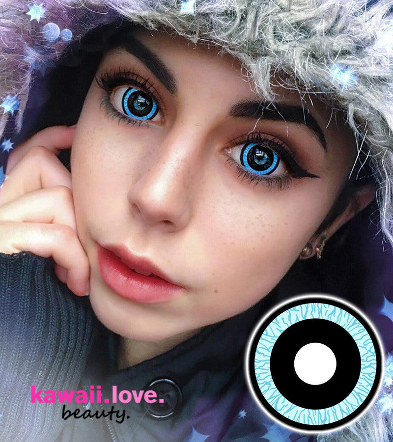 17mm Nebulos mini sclera circle lenses give the illusion of giant dilated pupils framed by a bold band of bright blue and black opaque color. These otherworldly lenses can help create striking looks from anime characters, cyborgs, to wide eyed kittens. CrazyLab Nebulos mini sclera contacts are made with high quality and comfortable silicone hydrogel technology and ship fast and *free from the USA. Main image