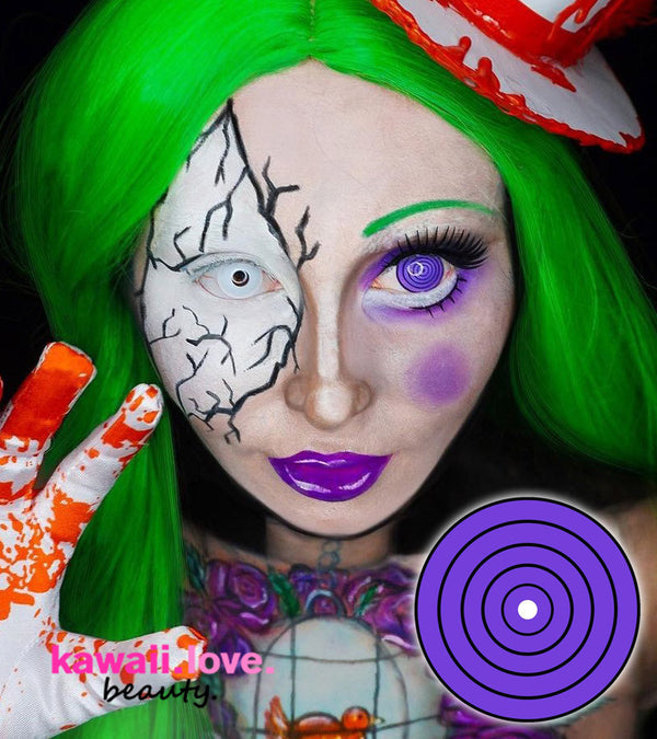 Amaze with these Violet Rinnegan circle lenses by CrazyLab Korea in hyper-sized 17mm mini sclera diameter! These vibrant purple colored contacts are perfect for your Naruto cosplay or anytime you want to make a big statement with your eyes. You get your Violet Rinnegan mini sclera contact lenses fast from the USA with a free lens case for storage.