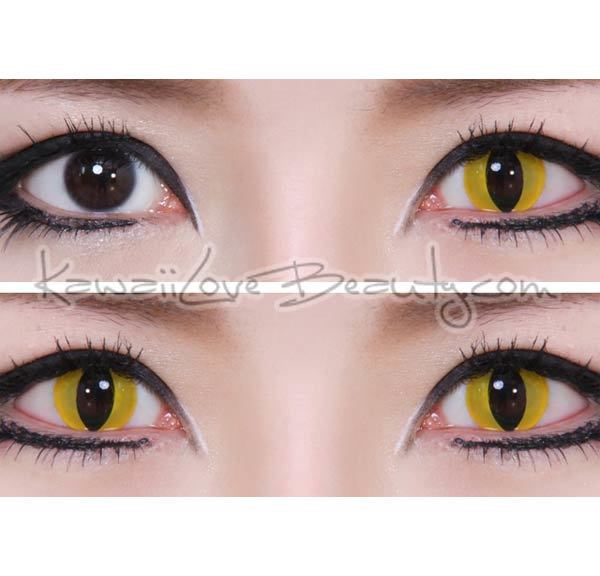 Before and after Crazy Yellow Cat circle lenses