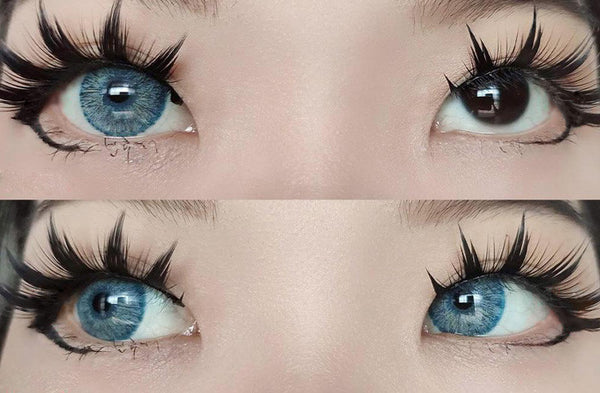 Before and after Urban Layer Blue Rain hand painted effect colored contact lens over dark brown eyes