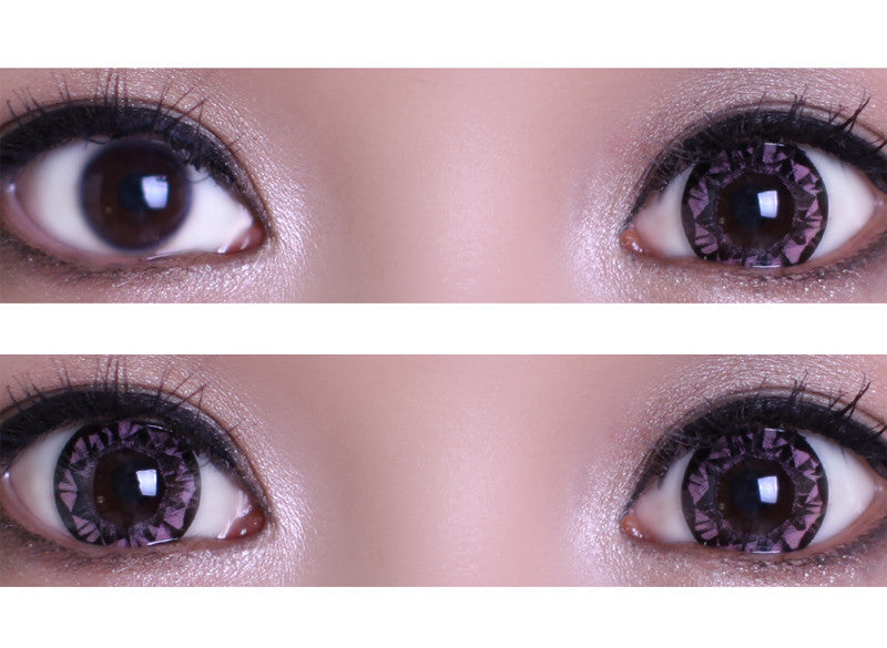 Close up and before and after WTB37 pink diamond circle lenses on brown eyes