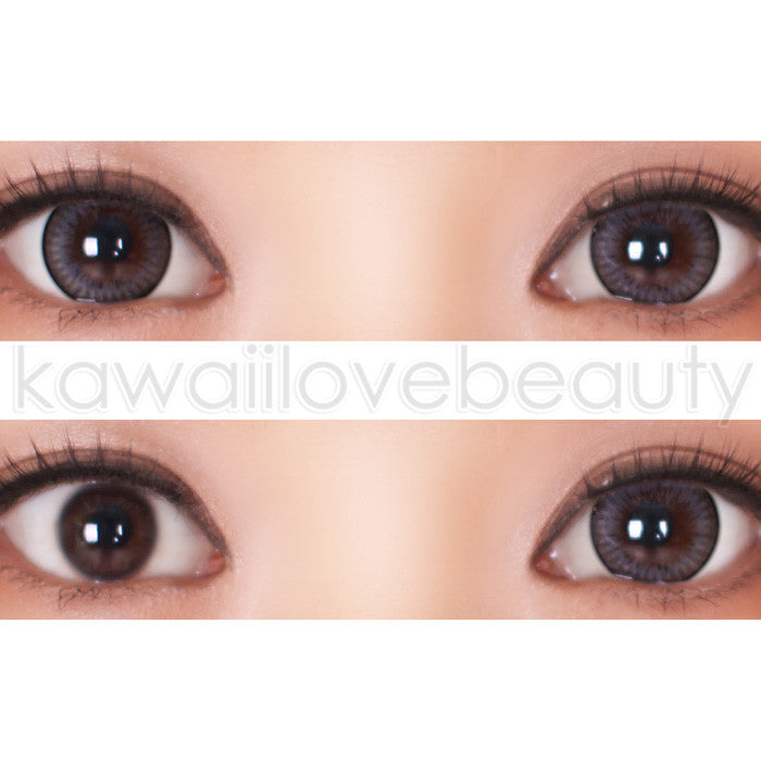 Closeup and before/after of Geo Xtra Natural WTA55 grey circle lenses on dark eyes.