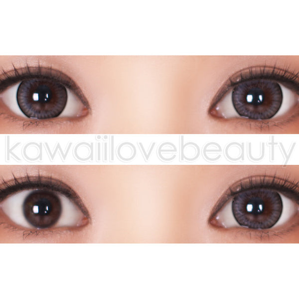 Closeup and before/after of Geo Xtra Natural WTA55 grey circle lenses on dark eyes.