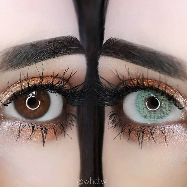 Before and after Cloud X Gray circle lenses over brown eye