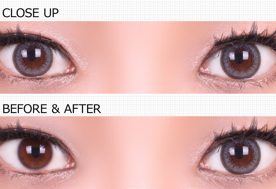Before and after GEO OL105 Olive Grey circle lenses on dark eyes