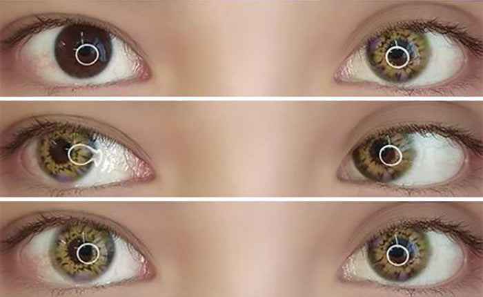 Before and after Milano circle lenses on dark brown eyes