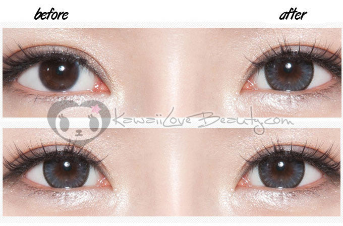 Before and after Geo Bella Gray circle lenses