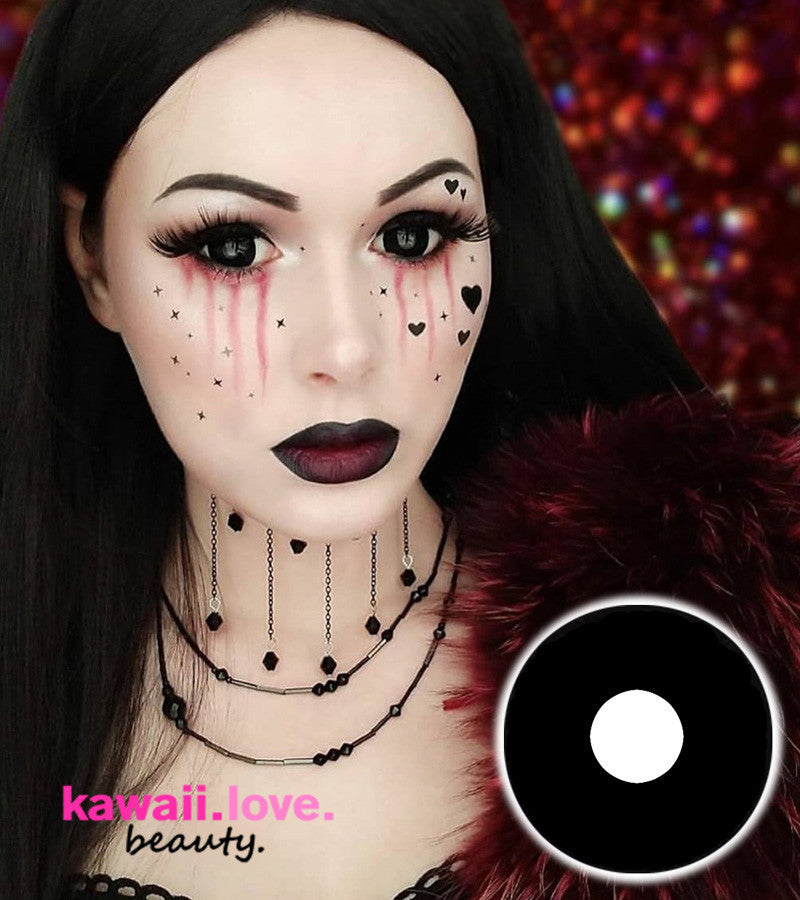 Fantastic 17mm mini sclera (smaller than full sclera lens but much bigger than regular circle lenses) black circle lenses cover more of the whites of your eyes for a high impact black out look. These black mini sclera circle colored contact lenses help create a variety of costume looks and plenty large for those with smaller than average eyes for an almost full sclera illusion. We ship our 17 mm CrazyLab black mini sclera circle lenses fast from the USA (free shipping available)!