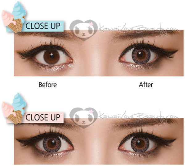Before and after Geo Eyes Cream RayRay Gray colored contact lenses.