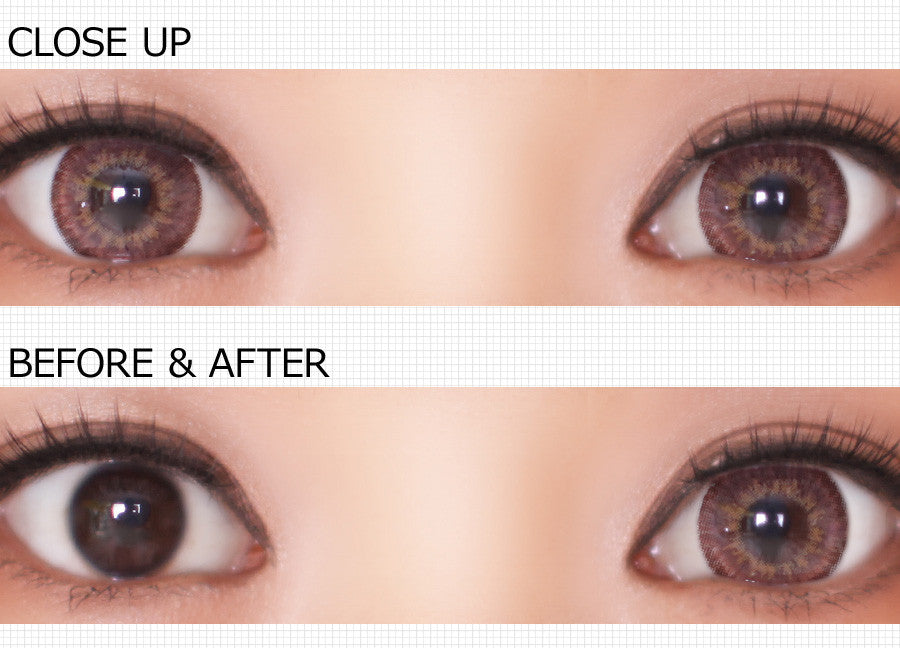 A close up and before and after of Barbie Puffy Hazel 3 Tone Brown circle lenses
