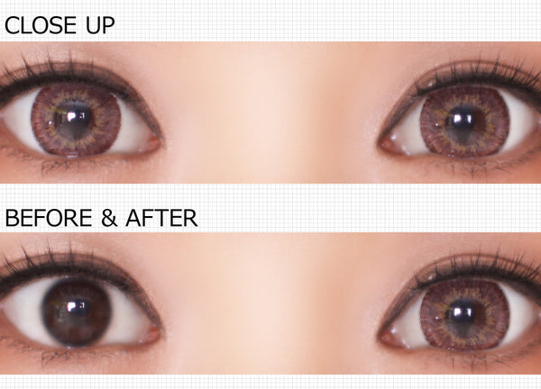 A close up and before and after of Barbie Puffy Hazel 3 Tone Brown circle lenses