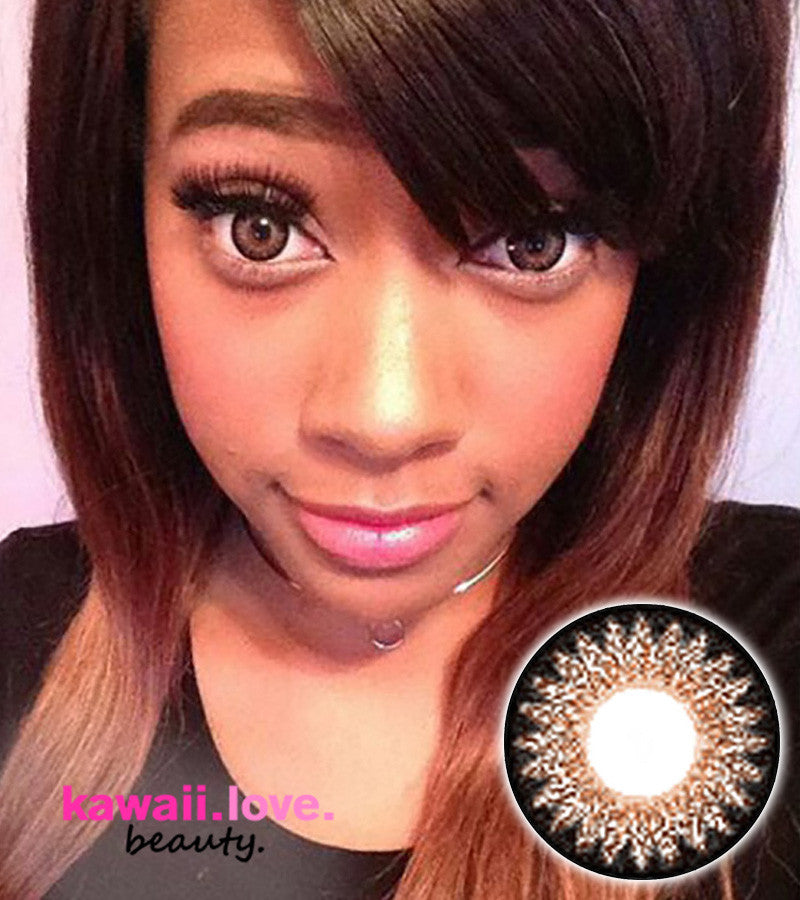 Bambi Brown circle lenses by EOS Korea, also known as Cookies Brown (A3) are one of the most popular circle lens designs in Japan, worn by gyaru and famous models like Tsubasa Masuwaka for the cutest dolly eyed look. No need to travel to Asia for these iconic makeup accessories-- we ship our Bambi Brown circle lenses straight from the USA.