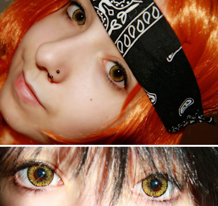 Vibrant colored contacts in Lemon Tea by i-Codi Korea.