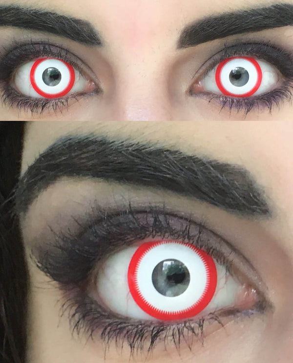 Red-rimmed circle lenses in Saw White by CrazyLab