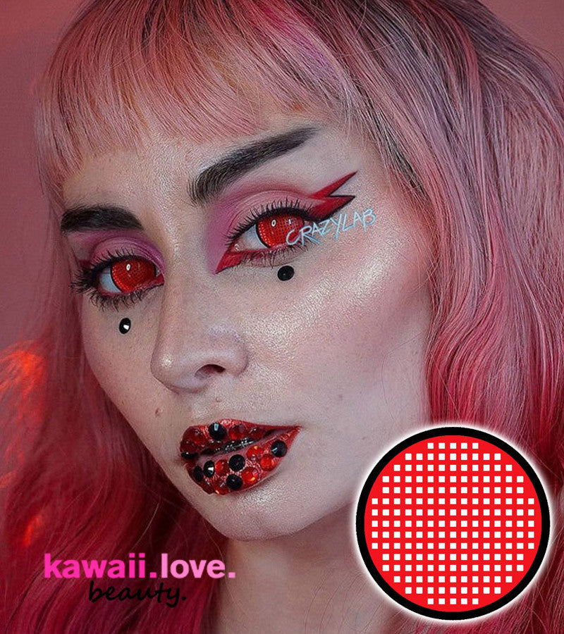 17mm Red Mesh R mini sclera circle lenses give the illusion of giant trance-like animated eyes . These otherworldly lenses can help create striking looks from anime characters, cyborgs, and more. CrazyLab Red Mesh R 17mm mini sclera contacts are made with high quality and comfortable silicone hydrogel technology and ship fast and *free from the USA. Main image