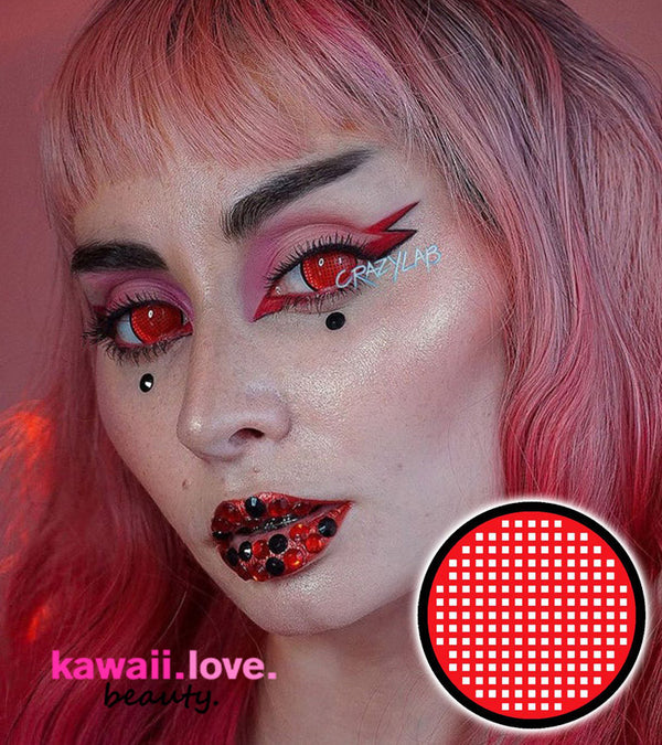 17mm Red Mesh R mini sclera circle lenses give the illusion of giant trance-like animated eyes . These otherworldly lenses can help create striking looks from anime characters, cyborgs, and more. CrazyLab Red Mesh R 17mm mini sclera contacts are made with high quality and comfortable silicone hydrogel technology and ship fast and *free from the USA.