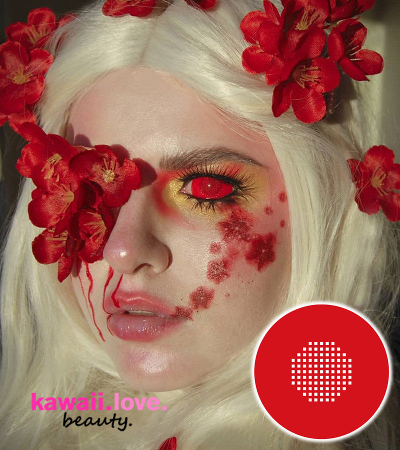 Create a dramatic costume look that can only be achieved with these extreme theatrical 22mm diameter Red Mesh sclera contact lenses by CrazyLab, popular in the movie industry! These opaque red sclera lenses cover most of your eyes to create a convincing bloody red look. Get CrazyLab Red Mesh circle lenses fast in the USA with free 1-3 day shipping!
