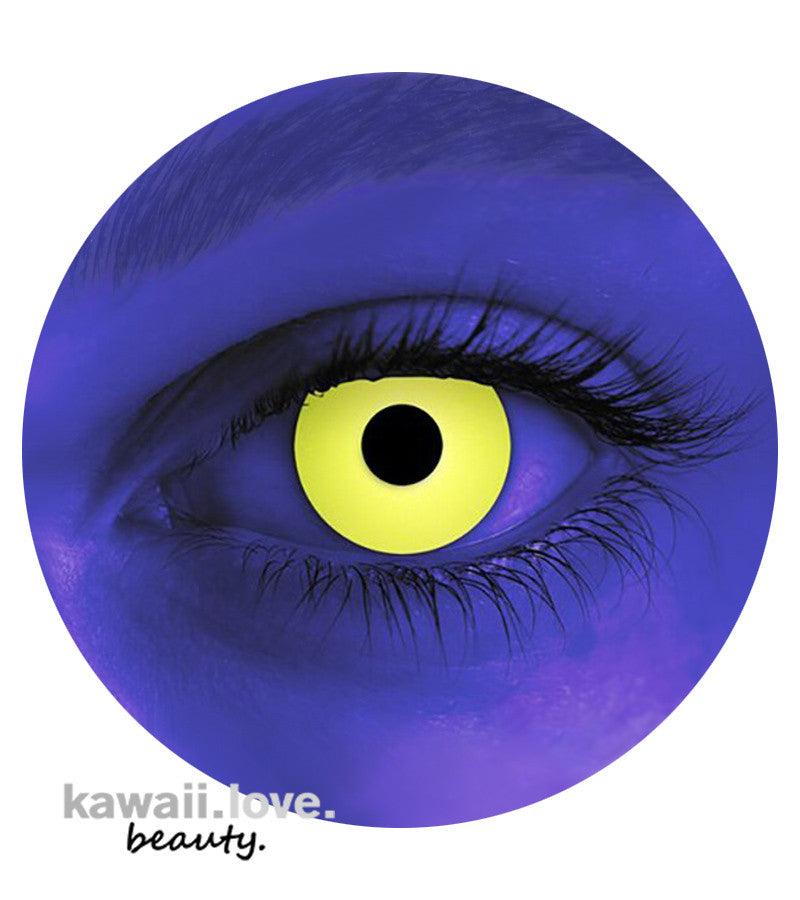 CrazyLab Glow Yellow (UV) circle lenses glow in the dark under black lights / ultra violet lights. These awesome vivid yellow circle lenses are perfect for parties, Halloween looks, raves, and more. Glow Yellow UV circle lenses ship fast from the USA with a free contact lens case. Main image