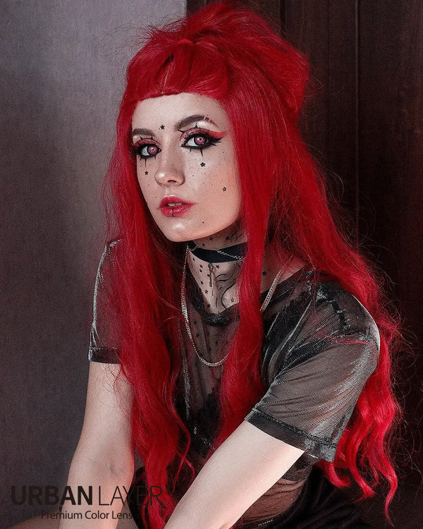 Interstellar Circle Lenses by Crazy Lab, offering vibrant dark pink color for cosplay or special effects. Made from breathable silicone hydrogel for long-lasting comfort. Includes fast USA shipping and a free lens case.