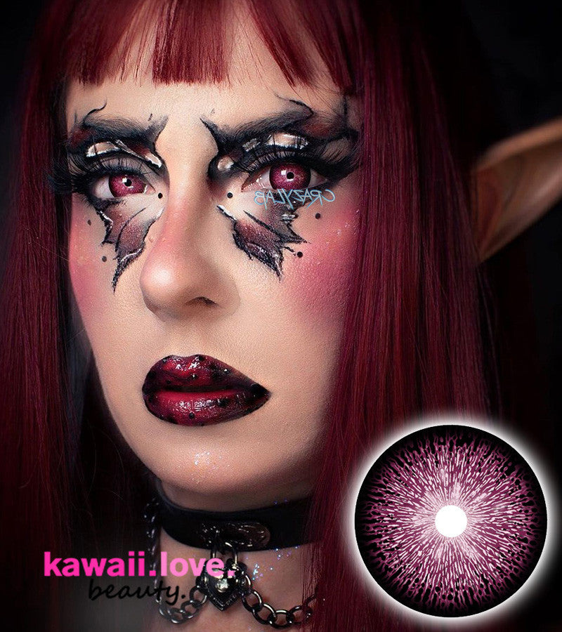 Create endless cosplay and makeup looks with your eyes topped with these amazing mauve pink special effects colored contacts with an intricate and unique galactic gradient pattern. These gorgeous galaxy print cosmetic circle lenses in the Interstellar design by CrazyLab ship fast from the USA with a free contact lens case.