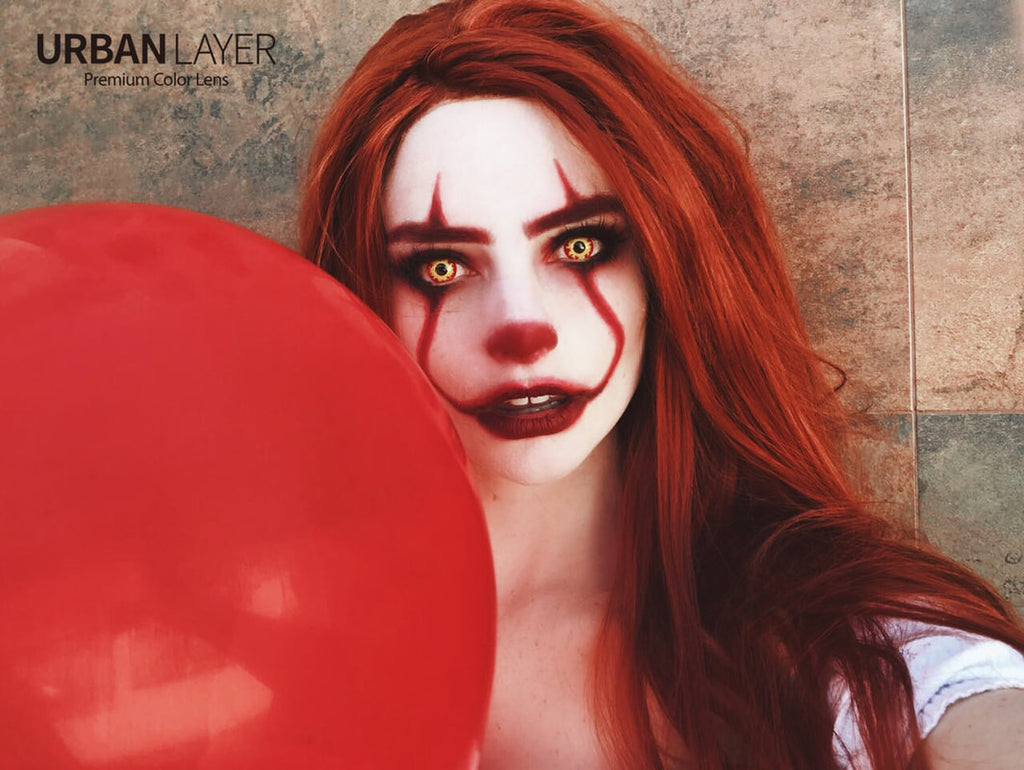 Female Pennywise cosplay with Crazy Lab Flame Eyes circle lenses