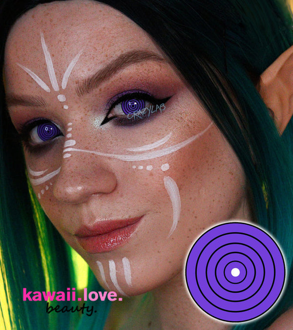 Anime contact lenses in Violet Colossus are perfect for completing your Naruto Rinnegan cosplay look. These circle lenses have special opaque purple and black color that completely covers your natural eye color, comes with a free contact lens case and ships fast from the USA.