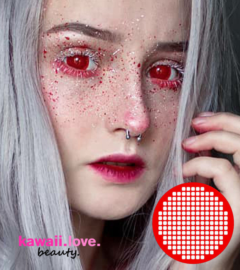 Red mesh / screen special effects costume circle lenses make a statement people won't easily forget after you look their way wearing them. Suitable for cosplay and various costume and Halloween transformations, these SFX red mesh colored contacts are a must to satisfy your creative side (USA seller; fast and free shipping available!)