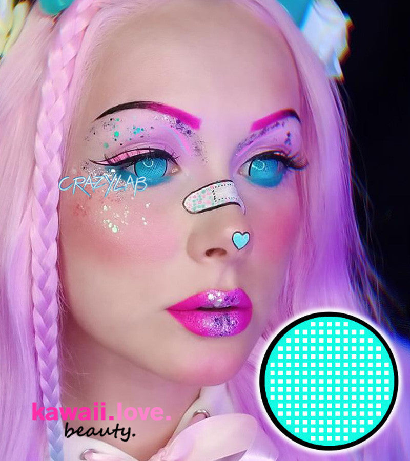 17mm Cyan Mesh R mini sclera circle lenses give the illusion of giant trance-like animated eyes . These otherworldly lenses can help create striking looks from anime characters, cyborgs, and more. CrazyLab Cyan Mesh R 17mm mini sclera contacts are made with high quality and comfortable silicone hydrogel technology and ship fast and *free from the USA. Main image