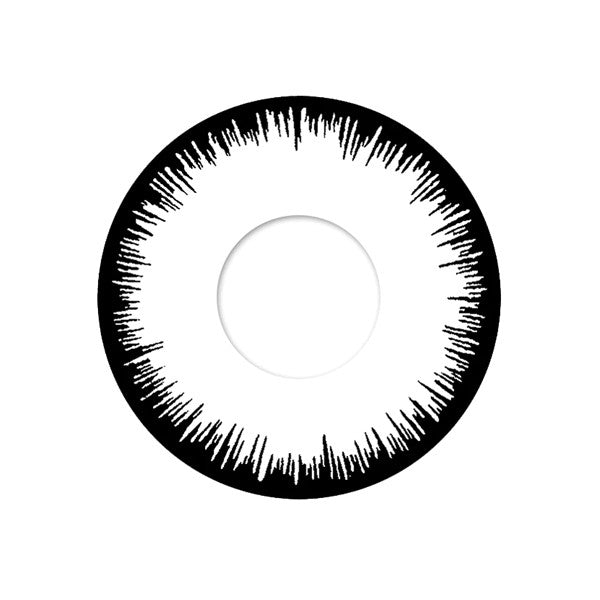 A circular black and white graphic resembling an eye with a solid black outer ring, white center, and fine black radial lines around the edge, shown on a plain white background.