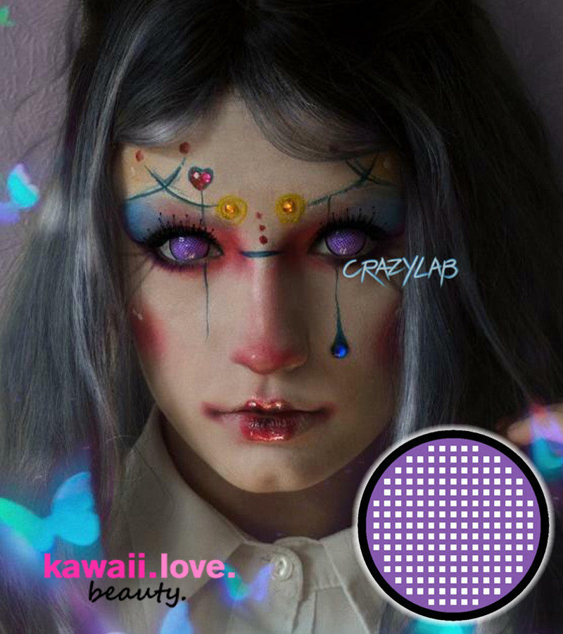 17mm Violet Mesh R mini sclera circle lenses give the illusion of giant trance-like animated eyes . These otherworldly purple screen lenses can help create striking looks from anime characters, cyborgs, and more. CrazyLab Violet Mesh R 17mm mini sclera contacts are made with high quality and comfortable silicone hydrogel technology and ship fast from the USA with a free case.