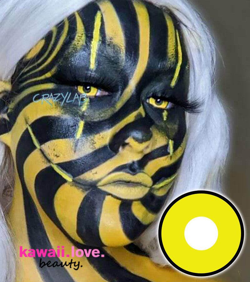 CrazyLab mini sclera circle lens contacts in Mad Hatter yellow are the perfect theatrical lenses to impress your friends, as they cover more of the whites of your eyes than conventional cosmetic contacts! These striking 17mm mini sclera lenses feature vividly bright yellow color and a defining black rim to create the ultimate costume look. Ships fast from the USA with a free contact lens case. Main image