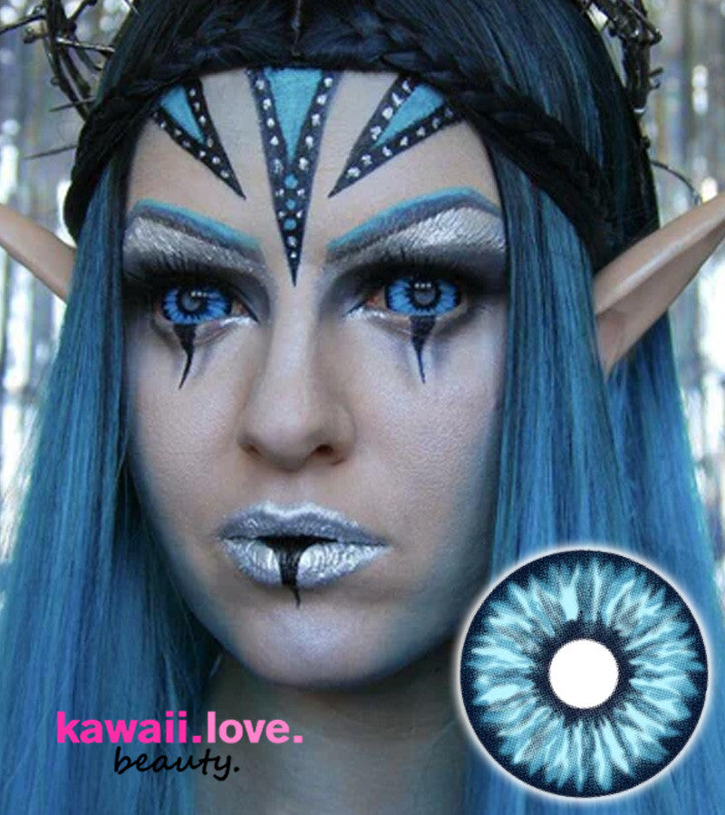 Elf Blue full eye sclera contacts help you create the ultimate enchanted fantasy look, famously used in TV and movies. Transform yourself into a wide eyed elfin fairy creature with these extreme beautifully patterned and vibrant Elf Blue special effects colored 22mm circle lenses and get ready for the astonished reactions from everyone who looks your way! These lenses ship fast and free for USA.