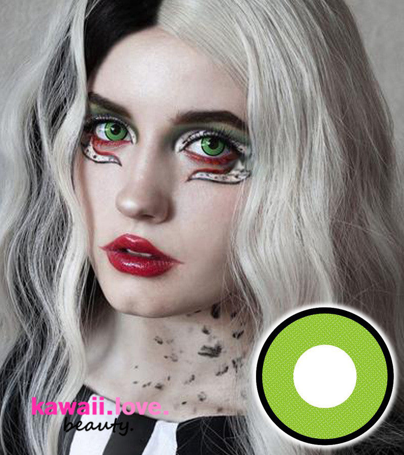 Stun in these bright yellow-green circle lenses with amazing color pay-off. These opaque sfx colored contacts feature a vibrant solid shade of chartreuse with a dark black limbal ring that define your irises. Each pair of Frankenstein green circle lenses ships fast and *free from the USA and comes with a free contact lens case.
