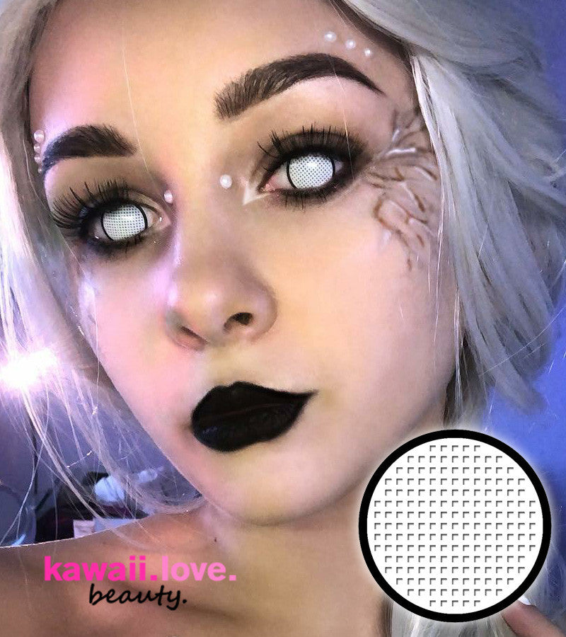 CrazyLab White Mesh R special effects circle contact lenses with screen printing covering the eye are ideal for a variety of cosplay or Halloween costume looks and are ready to ship fast from the USA.