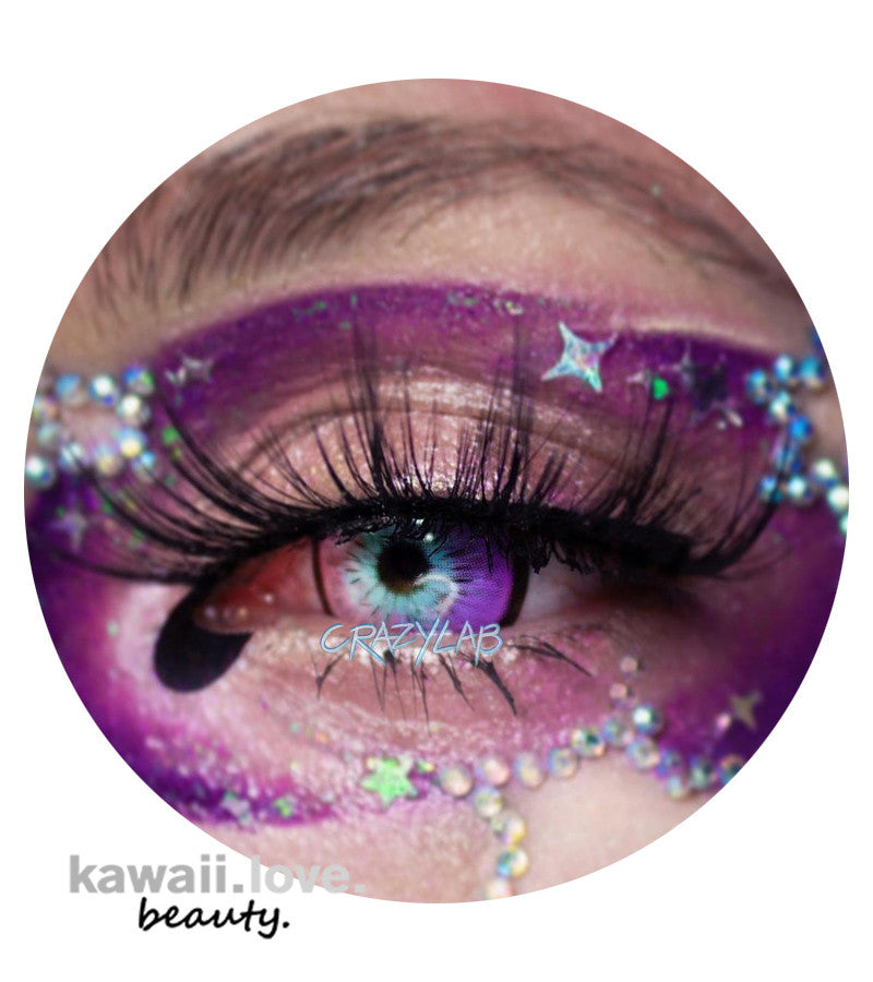 Cosmos circle lenses / pastel colored contacts by CrazyLab make your eyes appear to glitter like a galactic nebula. We ship these fantastic celestial purple, pink and blue hued circle lenses by the pair from the USA with a free cute contact lens case.