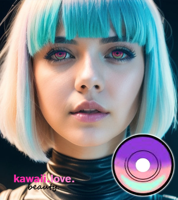 With these amazing violet, pink and green gradient contacts that feature a distinct 4-tone painted manga design and dark black limbal ring, you can make the most incredible Cyberpunk Lucy anime cosplay ever. These amazing CrazyLab Cyberpunk Lucy circle lenses ship fast from the USA and include a free contact lens case to store them in.