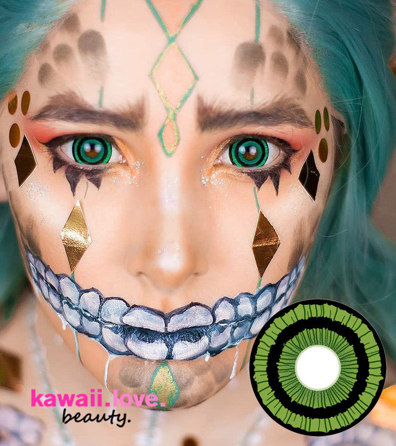 CrazyLab Korea 17 mm mini sclera (cover more of the whites of the eyes) circle lenses in the Green Goblin design are wild theatrical cosmetic colored circle contacts that ship fast and free from the USA. Create a multitude of impressive makeup looks with these unique and stunning costume contact lenses. Main image