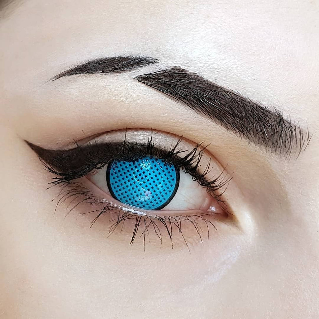 Cyan Mesh R cosplay circle lenses designed to cover the pupils