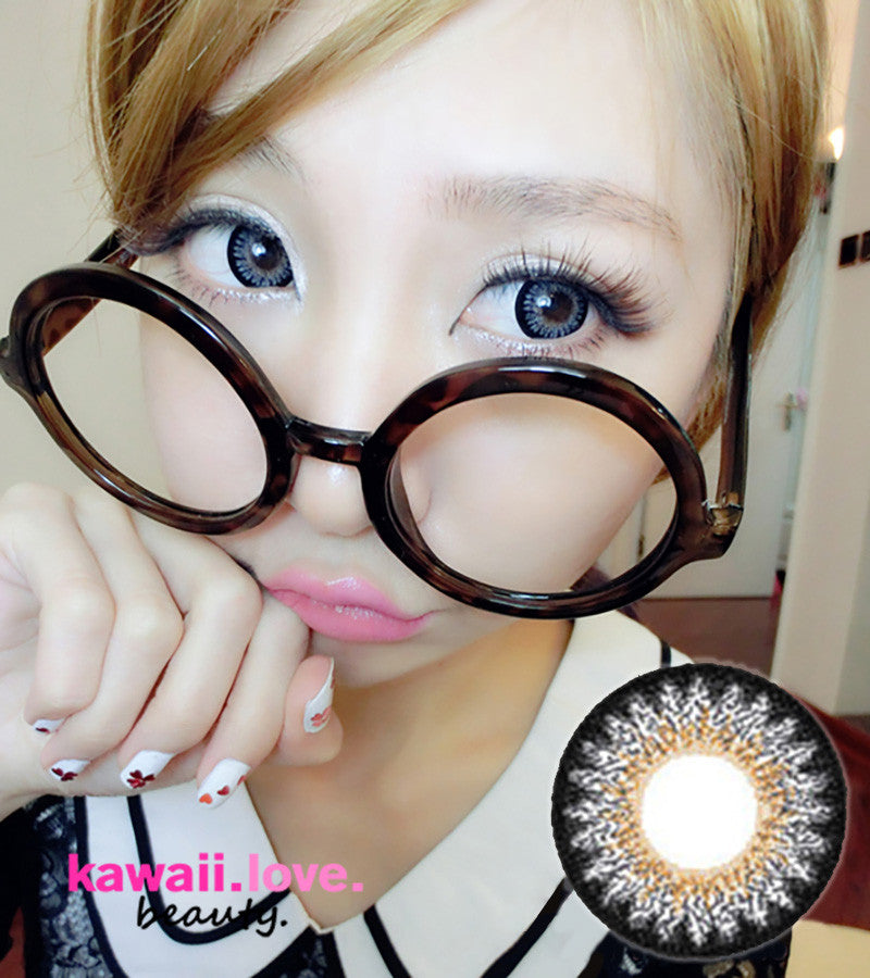 Bambi Grey circle lenses by EOS Korea on model. Bambi Grey circle lenses aka Cookies Grey (A3) are one of the most popular circle lens designs in Japan, worn by gyaru and famous models like Tsubasa Masuwaka to achieve their kawaii doll eyed look. No need to travel to Asia get a pair or two of Bambi circle lenses-- we ship our big eye gray circle lenses from the USA.