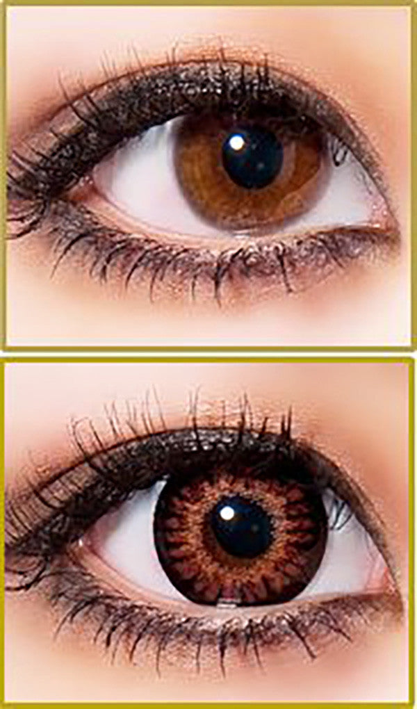 Before and after Bambi Brown circle lenses on brown eyes