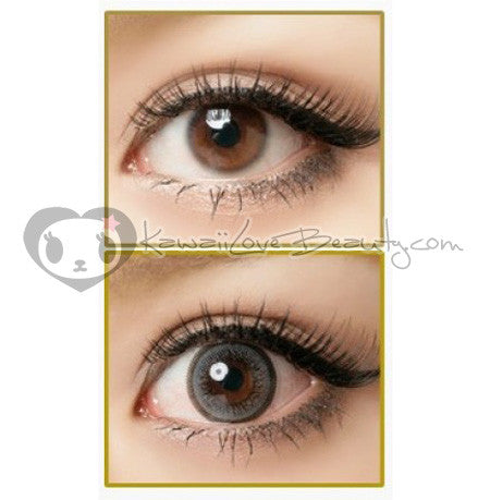 Before and after OL105 Ash Wing grey colored circle lenses.