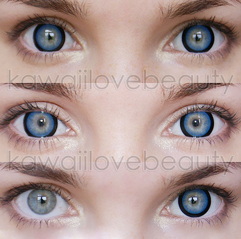 Sugar Candy Blue circle lenses on blue eyes. Top: Natural lighting. Middle: Flash lighting. Bottom: Without and with circle lenses.