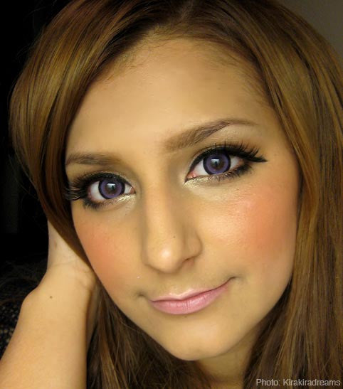 EOS Sugar Candy violet circle lenses on brown eyes.