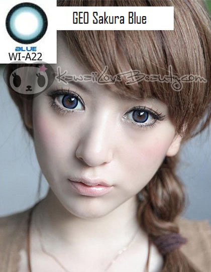 Geo Sakura Blue WIA22 circle lenses on model with brown eyes.