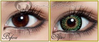 Before and after. Size and color comparison with EOS Bambi Green (A3 Cookies) Circle Lenses circle lenses