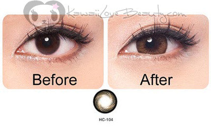 Geo HC104 Honey Brown circle lenses. Iris size comparison, before and after.
