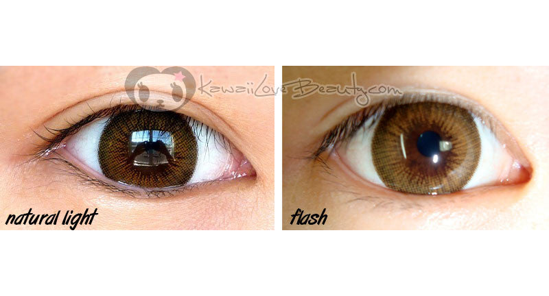 HC-104 Honey Brown colored contact lenses in natural light and flash photo.