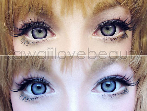 Top: Sugar Candy Violet circle lenses in indoor lighting. Bottom: Sugar Candy Violet circle lenses in outdoor lighting.