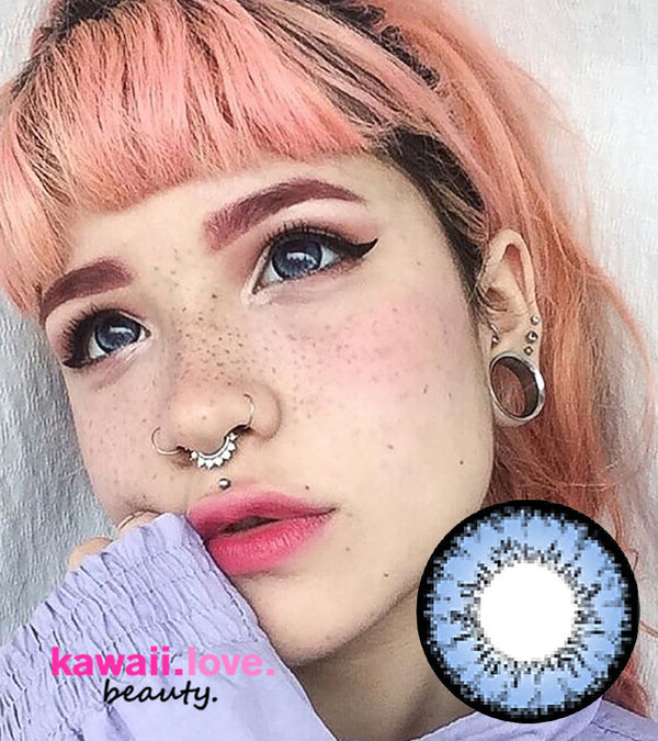 These 14.5mm deep blue lenses are just big enough for a kawaii dolly eye look, with color printing that extends to the corners, making them ideal for cosplay applications. Each set of lovely Kara Blue circle lenses delivers quickly from the USA and includes a free cute contact lens case.