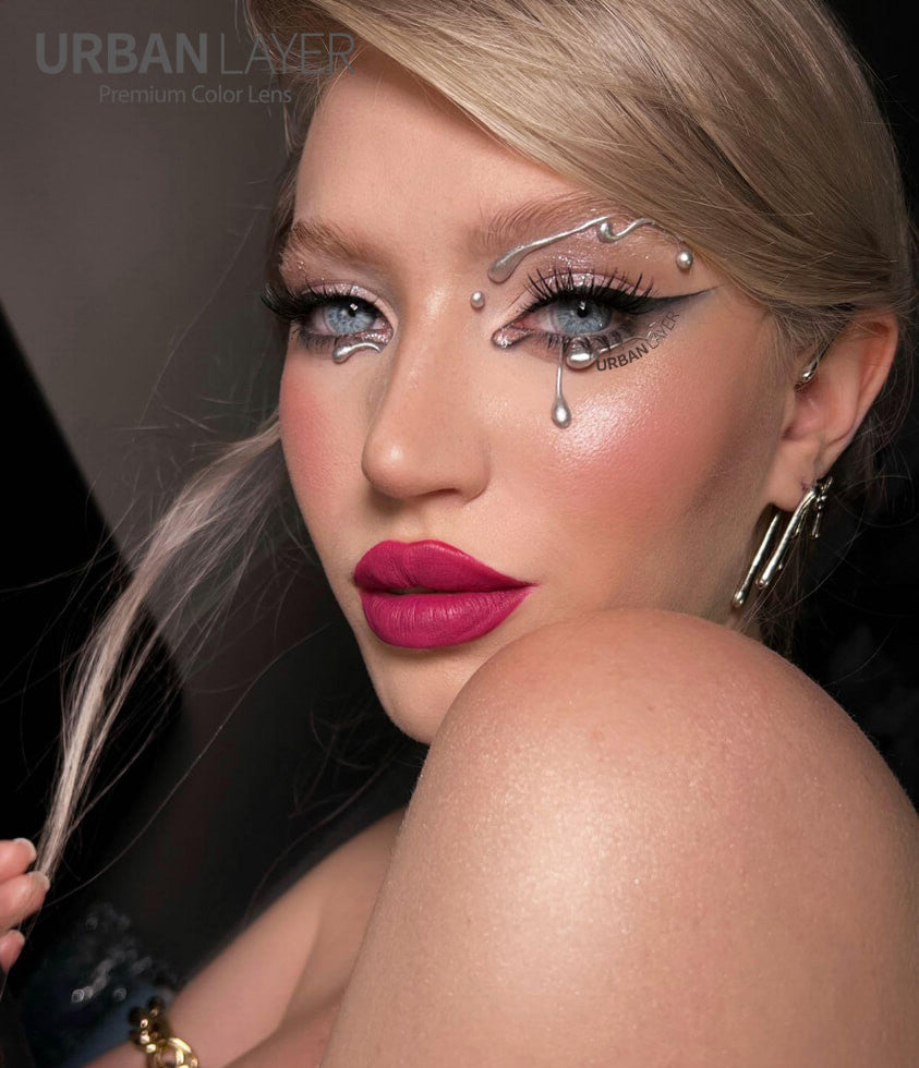 Urban Layer Las Vegas N Ash blue high-quality silicone hydrogel soft colored contacts on model.